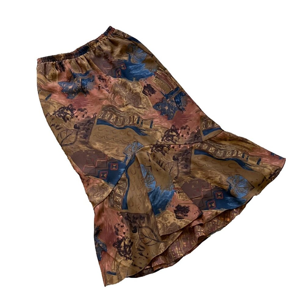 Tanjay Abstract Print Tulip Ruffle Hem Maxi Skirt Pull On Elastic Waist Neutral